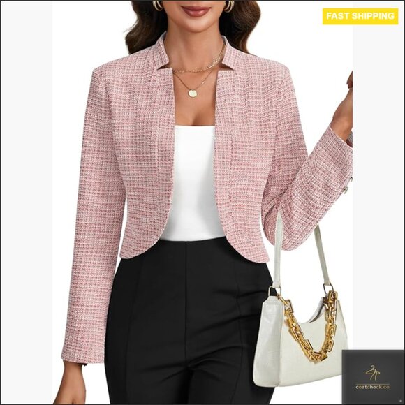 Jackets & Blazers - Tweed Plaid Cropped Blazer Open Front Stand Collar Work Office Jacket